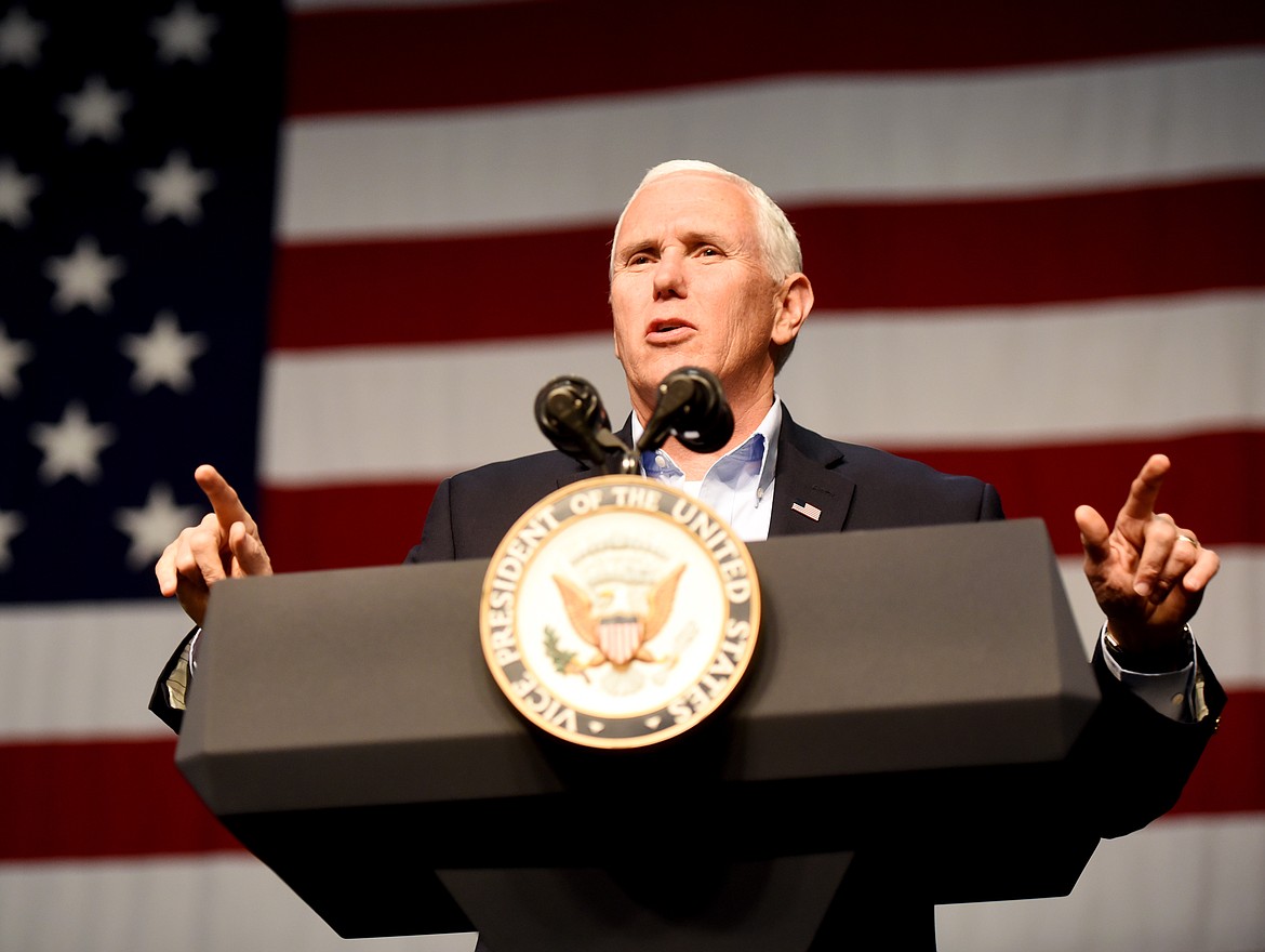 Vice President Mike Pence addressing the crowd as the featured speaker at the Get Out The Vote Rally at the Glacier Park International Airport on Monday, November 5, in Kalispell, Montana. More than 1,000 people attended the event.(Brenda Ahearn/Daily Inter Lake)