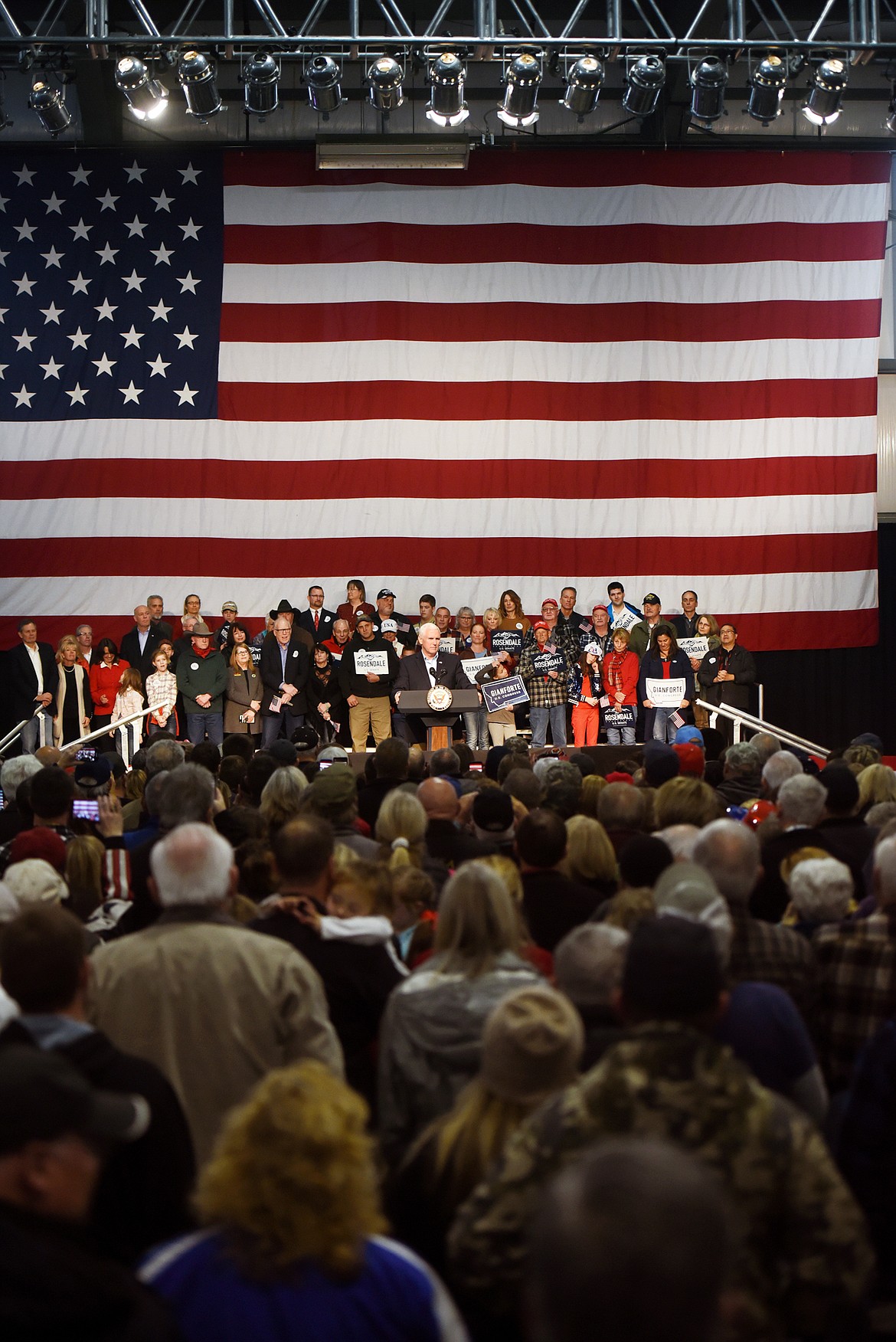 Vice President Mike Pence addressing the crowd as the featured speaker at the Get Out The Vote Rally at the Glacier Park International Airport on Monday, November 5, in Kalispell, Montana. More than 1,000 people attended the event.(Brenda Ahearn/Daily Inter Lake)