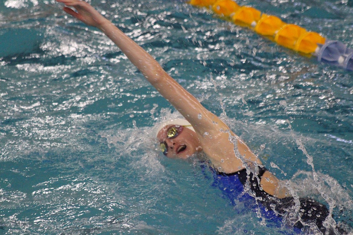 (Photo by JACINDA BOKOWY)
Kaya Wright was 6th in the 100 free and 5th in the 100 back, while also swimming on the 200 free winner in the state swimming prelims.