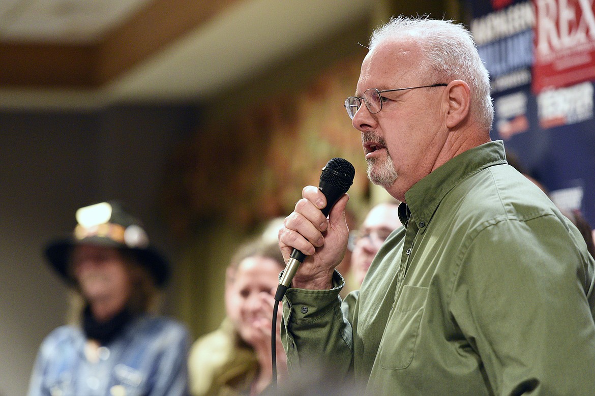 Tom Clark, Democratic candidate for Flathead County Commissioner, speaks at a Get Out the Vote rally at the Red Lion Hotel in Kalispell on Saturday. (Casey Kreider/Daily Inter Lake)