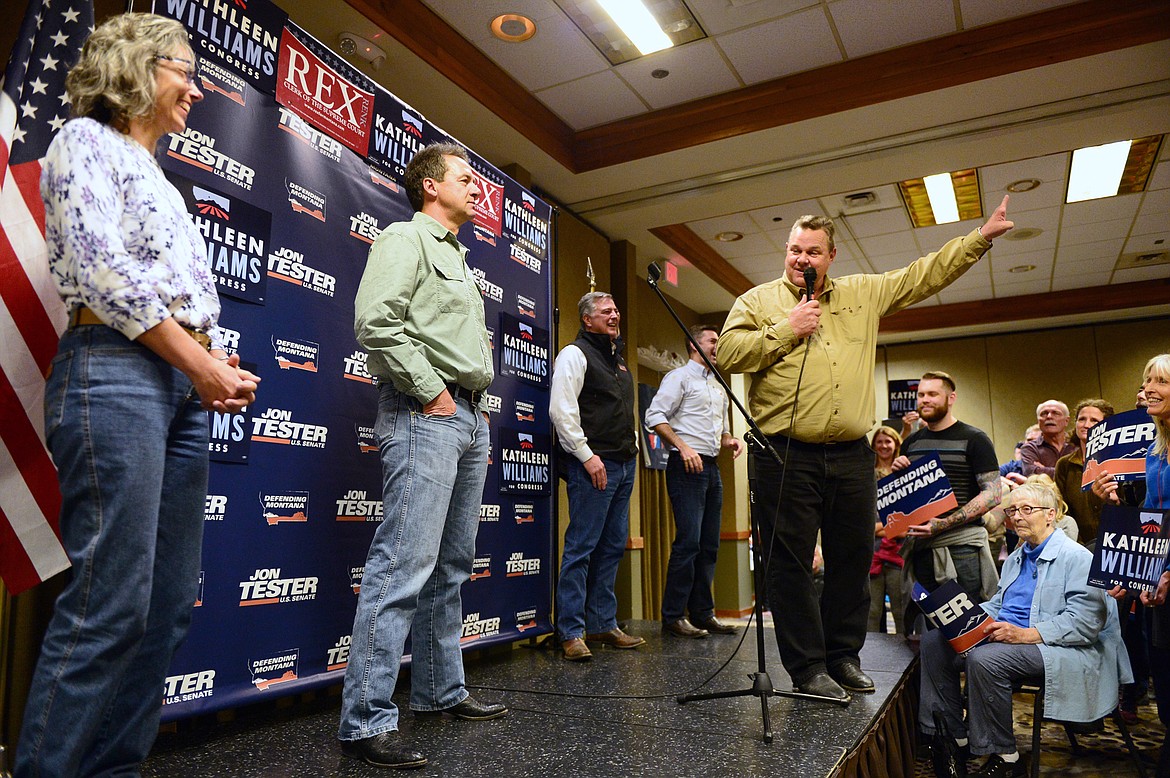 Sen. Jon Tester speaks during a Get Out the Vote rally at the Red Lion Hotel in Kalispell on Saturday. On stage with Tester, is, from left, Kathleen Williams, Democratic candidate for the U.S. House of Representatives; Gov. Steve Bullock; Rex Renk, Democratic candidate for clerk of the Montana Supreme Court; and Andy Shirtliff, Democratic candidate for Public Service Commission, District 5. (Casey Kreider/Daily Inter Lake)