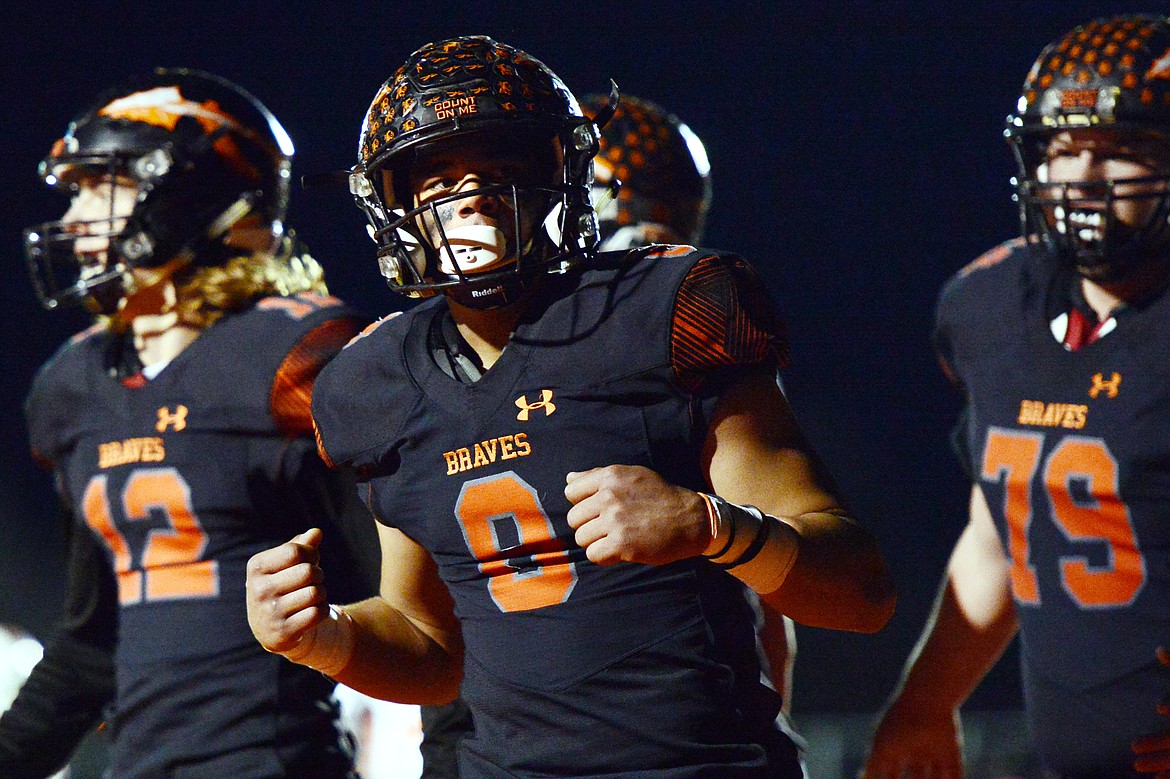 Flathead wide receiver Anthony Jones (8) celebrates after a 24-yard touchdown reception in the second quarter against Billings Senior in a Class AA quarterfinal playoff game at Legends Stadium on Friday. (Casey Kreider/Daily Inter Lake)