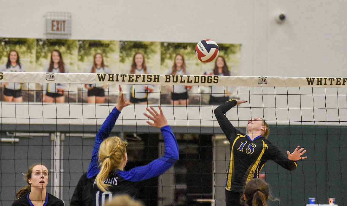 Libby senior Jessica Jones goes on the attack during Libby&#146;s match against Corvallis Friday. (Daniel McKay/Whitefish Pilot)