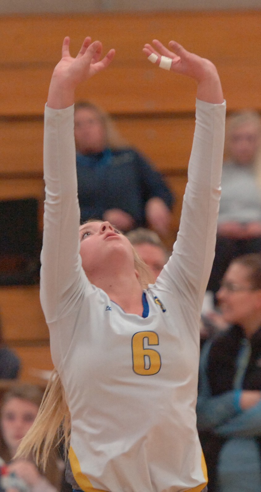 Thompson Falls sophomore setter Riley Wilson watches the ball into her adept hands during last Friday&#146;s match against Florence. (Joe Sova/Clark Fork Valley Press)