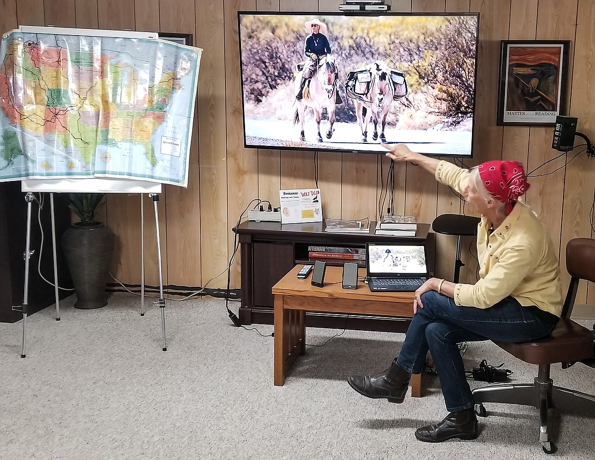 Photos by MANDI BATEMAN
Bernice Ende gives a slide presentation about her cross-country adventures at the Boundary County Library.