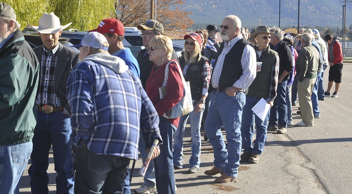 Many people wait in line outside the Ronan Community Center Saturday morning before a rally with Republican candidates and politicians begins. The rally was the first for many who attended. (Ashley Fox photos/Lake County Leader)