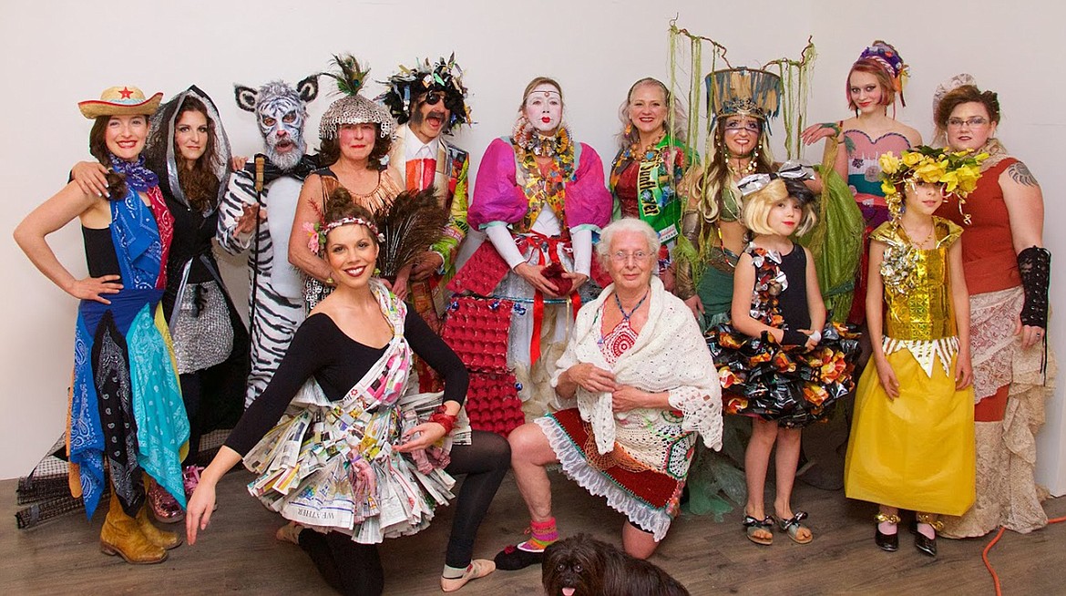 The 2018 Trash-2-Flash Recycled Fashion Show models: Front, Rhinna Amwesiga, Kathleen Patrick, Saam (the dog), Lenora Poe, Betty Wheat; back, Sarah Quilling, Savahna Meester, Jeff Witbrod, Eve Clowers, Carlos Florey, Chris Wakem, Alice B. Elrod, Megan Smith, Veda Barret, Madeline Keller-King. (Photo by Thomas Bartley)