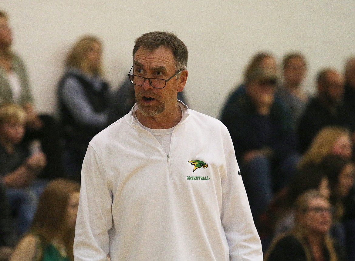 Lakeland High girls basketball head coach Steve Seymour talks with a referee during Tuesday night&#146;s game against Timberlake High. (LOREN BENOIT/Press)