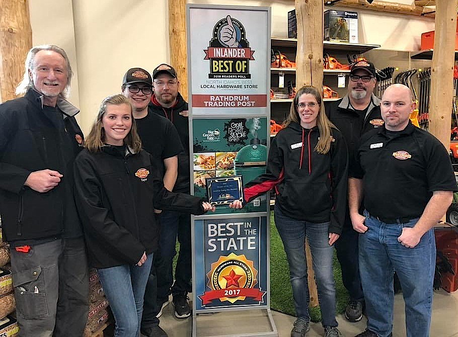 Rathdrum Trading Post Hardware was named Business of the Year during the Rathdrum Chamber of Commerce&#146;s Awards Dinner. From left: Steve Bybee, Taylor Sowers, Jesse Putman, Jarrod Blackman, Ali Taylor, Dave Ross and General Manager Matt Smith. Not pictured are: Parker Jiracek, Steve Jiracek, Jen Fleischer, Steve Jolin, Steve Walker and Kris Kieffer. (Courtesy photo)