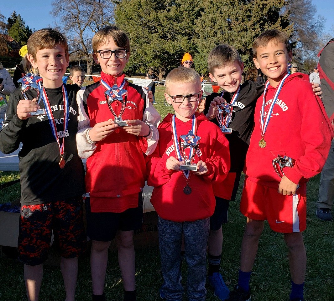 Courtesy photo
The North Idaho Cross Country boys age 9-10 team won its division at the Inland Northwest Association Junior Olympic Cross Country Championships on Saturday in Yakima, Wash. From left are Parker Sterling, Sam Mandel, Kingston Wilson, Ronan Kennedy and Mitchell Rietze.