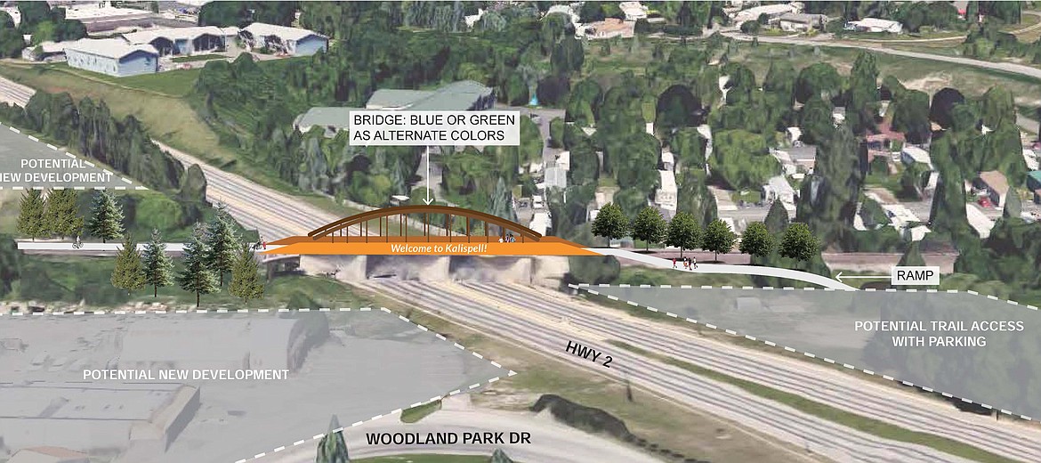 A rendering show the placement of a proposed footbridge over U.S. 2 in Evergreen. The bridge and nearby trailhead will be part of the Kalispell Trail system.