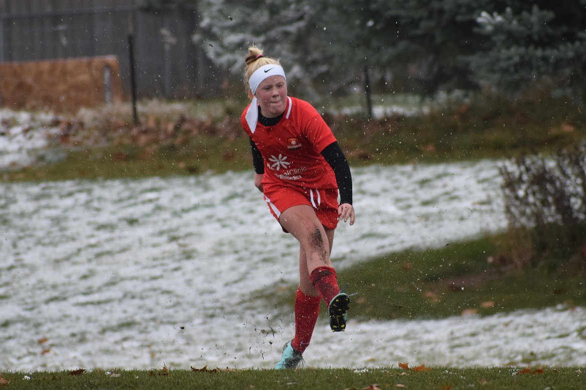 Courtesy photo
Kennedy Hartzell of the Thorns 07 girls red soccer team scores on a penalty kick against EW Surf SC White last weekend.