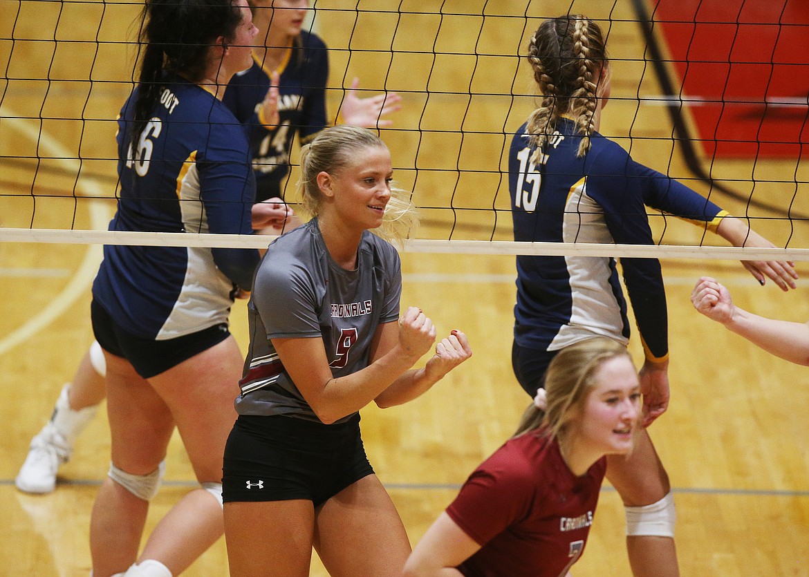 Kayla Neumann of North Idaho College celebrates a point with her team during a game earlier this fall against Spokane Falls Community College on Oct. 3, 2018. Neumann and the NIC Cards (23-11) begin play in the Northwest Athletic Conference Championship on Thursday at the Greater Tacoma Convention Center. (LOREN BENOIT/Press)