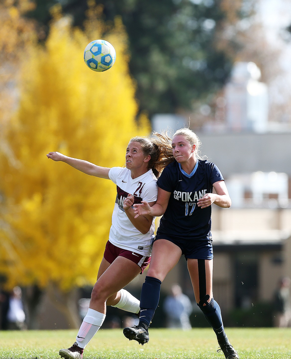 North Idaho College forward Linnea Pretzer, left, and Kendall Bastine of Community Colleges of Spokane fight for first possession during a match on Oct. 24 at NIC.