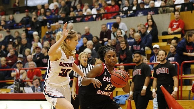 Courtesy EWU Sports Information
Violet Kapri Morrow (12) of Eastern Washington drives as Chandler Smith of Gonzaga defends on Sunday in Cheney.