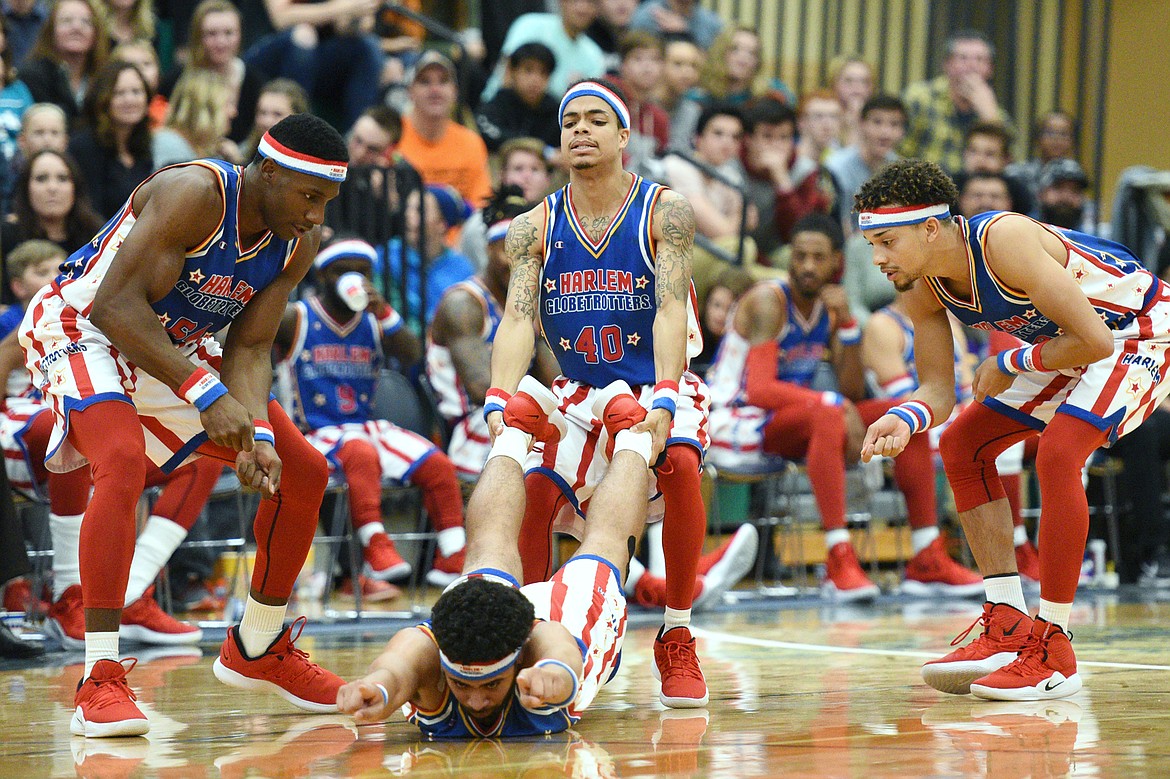 The Harlem Globetrotters joke around during an intermission at Glacier High School on Tuesday, Nov. 13. (Casey Kreider/Daily Inter Lake)