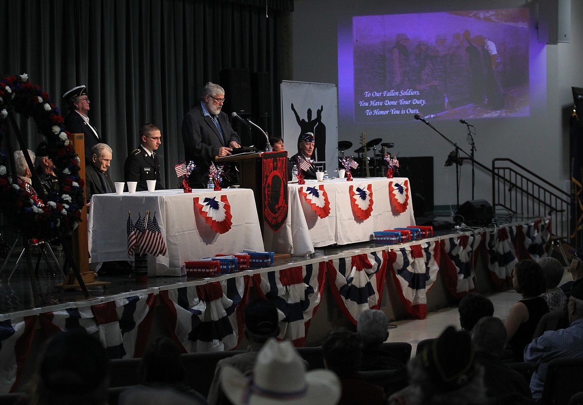 Rathdrum Mayor Vic Holmes extends an emotional thank you to veterans of North Idaho during the fourth annual Veterans Recognition Day in Rathdrum on Saturday. The event was presented by American Legion Post 154, the Northwest Guardian Riders and the city of Rathdrum to honor America&#146;s veterans for Veterans Day and celebrate them for their service. (DEVIN WEEKS/Press)