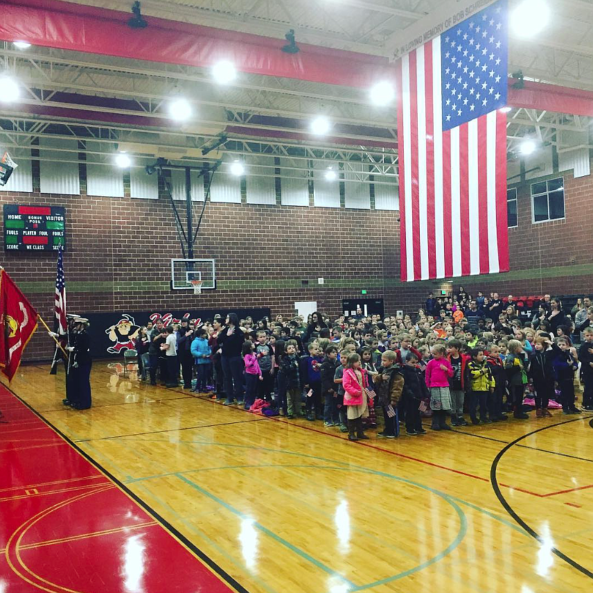 Courtesy photo
Silver Hills Elementary School students put their hands over their hearts while the color guard presents the flags and the national anthem is played.