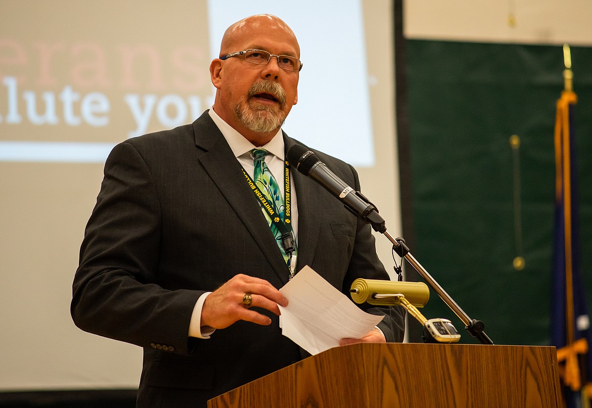 Whitefish High School principal Kerry Drown addresses the audience during a Veterans Day assembly last Friday.