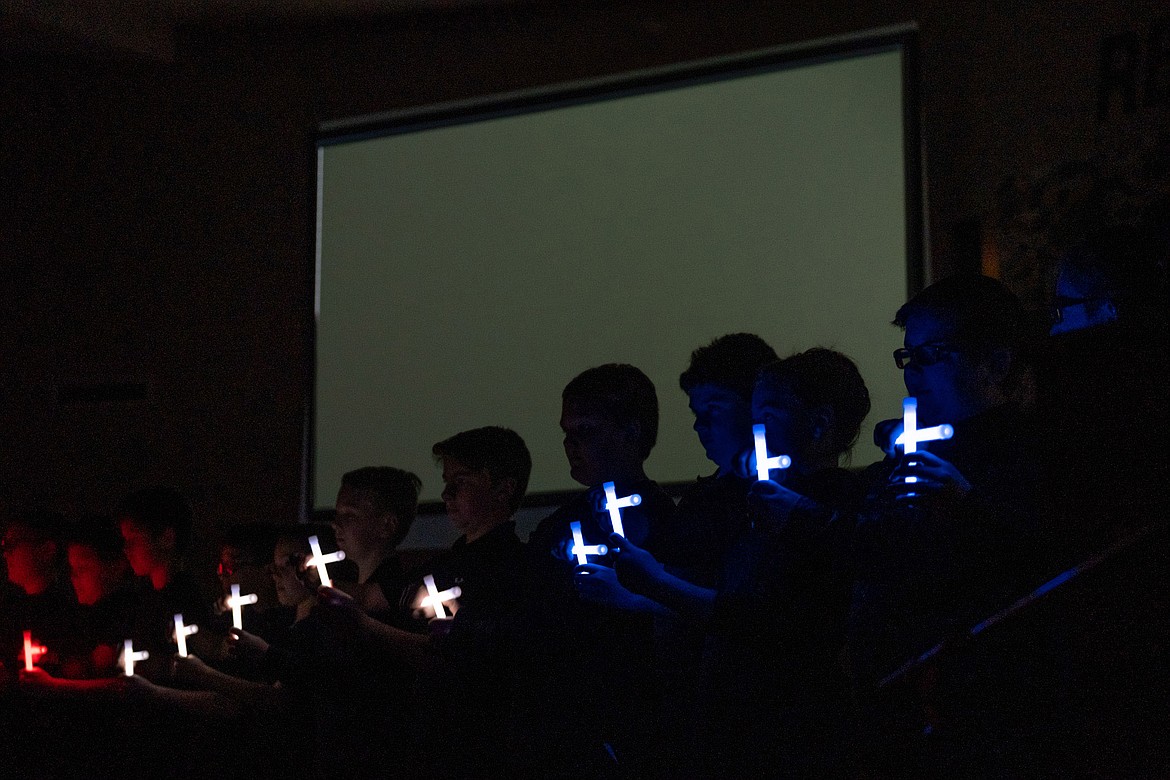 Fifth- and sixth-grade students from Kootenai Valley Christian School perform &#147;God Bless the USA&#148; during the school&#146;s 22nd annual Veterans Day program at Libby Christian Church Friday, Nov. 9, 2018. (John Blodgett/The Western News)