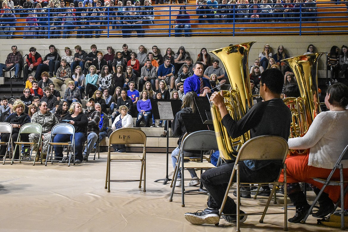 The Libby High School band &#151; led by Matthew Krantz &#151; perform &#147;March Heroic&#148; during the Veterans Day observance in the Ralph Tate Memorial Gymnasium at Libby High School Monday. (Ben Kibbey/The Western News)