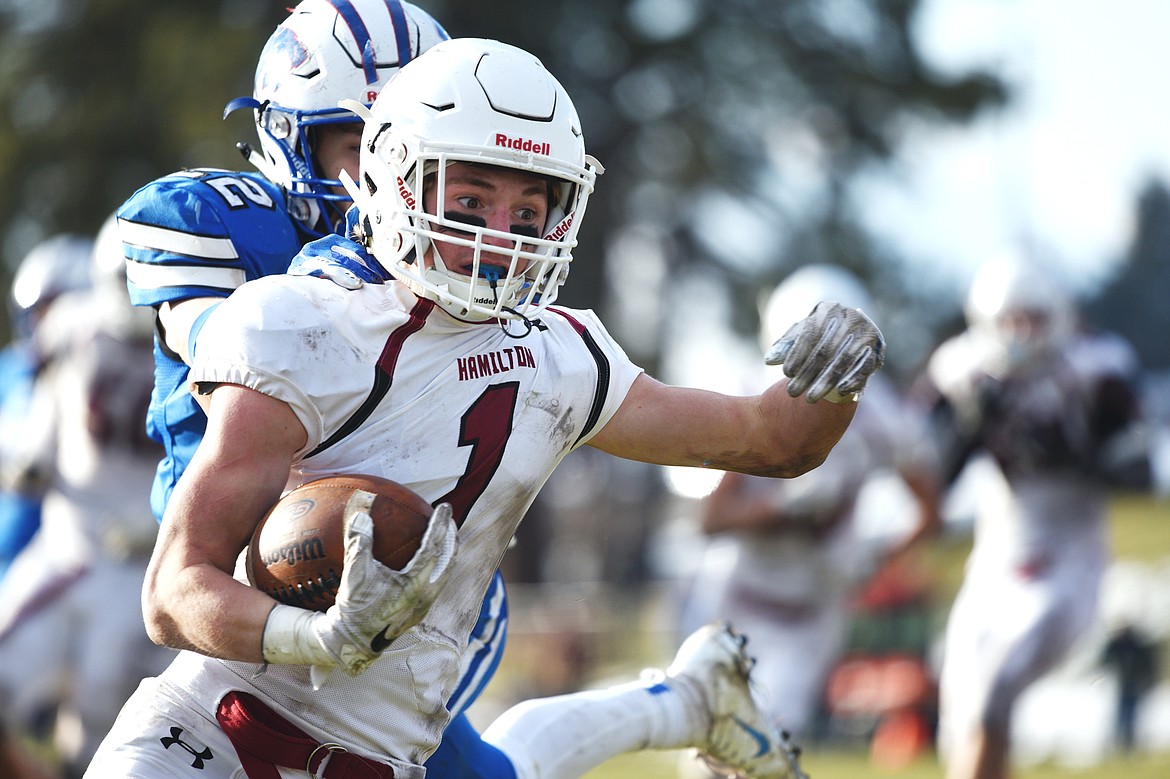 Hamilton wide receiver Camron Rothie (1) scores on a 14-yard touchdown reception in the third quarter against Columbia Falls in a Class A semifinal playoff game at Columbia Falls High School on Saturday. (Casey Kreider/Daily Inter Lake)