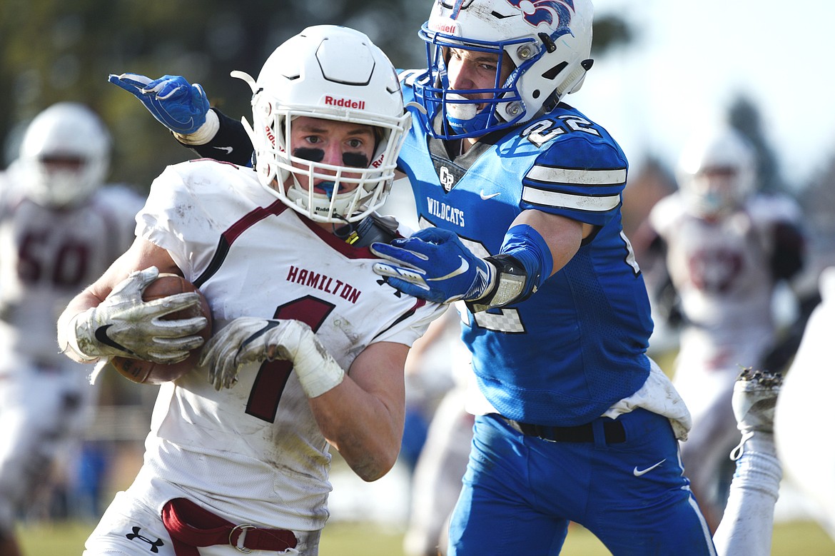 Hamilton wide receiver Camron Rothie (1) scores on a 14-yard touchdown reception in the third quarter against Columbia Falls in a Class A semifinal playoff game at Columbia Falls High School on Saturday. (Casey Kreider/Daily Inter Lake)