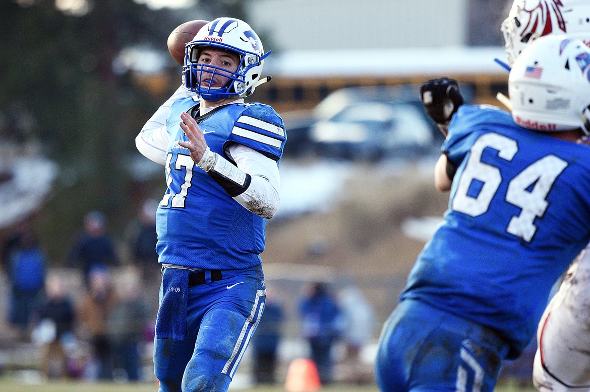 Columbia Falls quarterback Drew Morgan (17) looks to throw in the fourth quarter against Hamilton in a Class A semifinal playoff game at Columbia Falls High School on Saturday. (Casey Kreider/Daily Inter Lake)