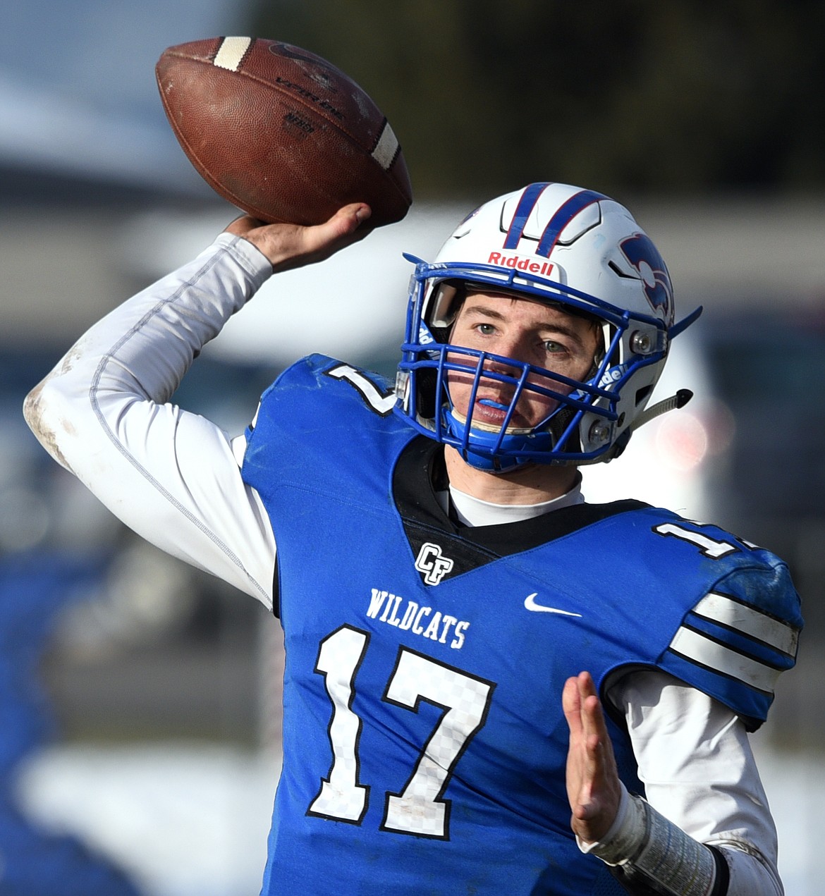 Columbia Falls quarterback Drew Morgan (17) looks to throw in the fourth quarter against Hamilton in a Class A semifinal playoff game at Columbia Falls High School on Saturday. (Casey Kreider/Daily Inter Lake)