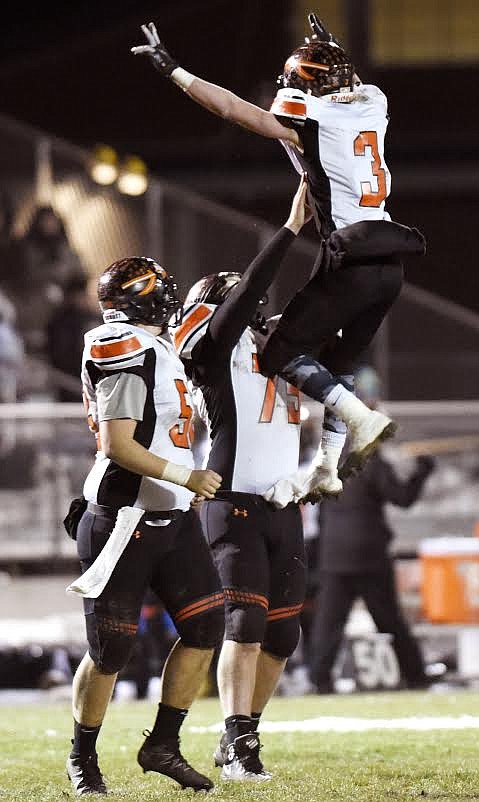 Flathead junior Chance Sheldon-Allen celebrates a interception during Friday night's game, November 9, 2018, at Bozeman High in Bozeman.