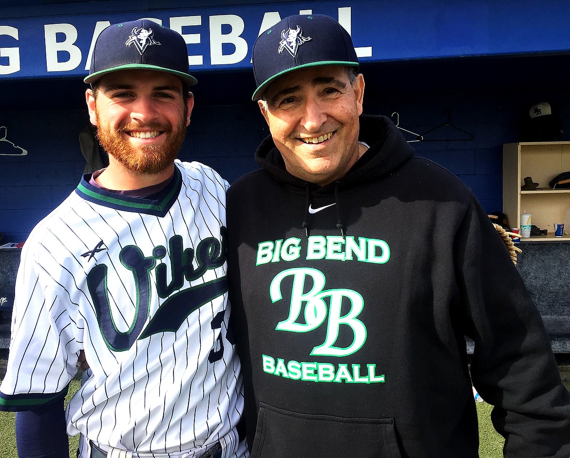 Rodney Harwood/Columbia Basin HeraldFormer Big Bend Community College baseball manager Pete Doumit poses with Viking sophomore Cody Banks after the final home game of Banks career.