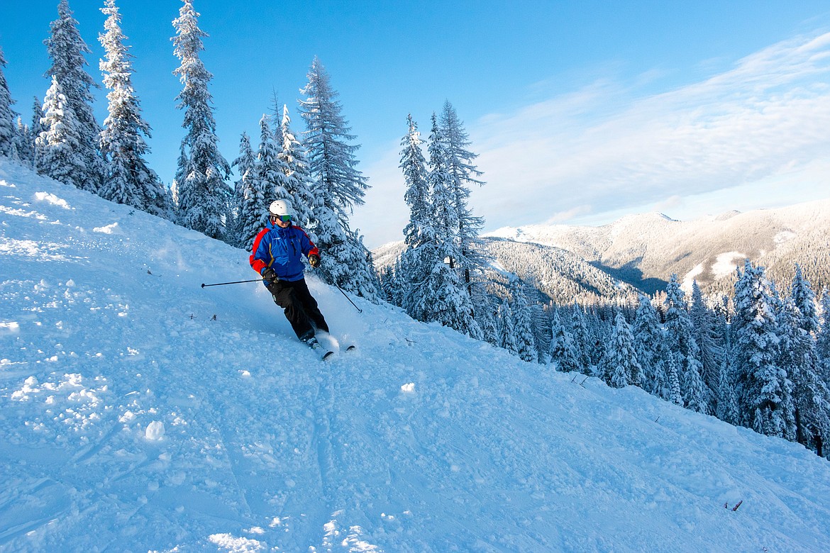 Photo courtesy of Matt Sawyer/Lookout Pass Ski Area
Lookout Pass Ski School Director Chris Milam, of Wallace, turns down the Bonanza run during Lookout's opening weekend on Sunday.