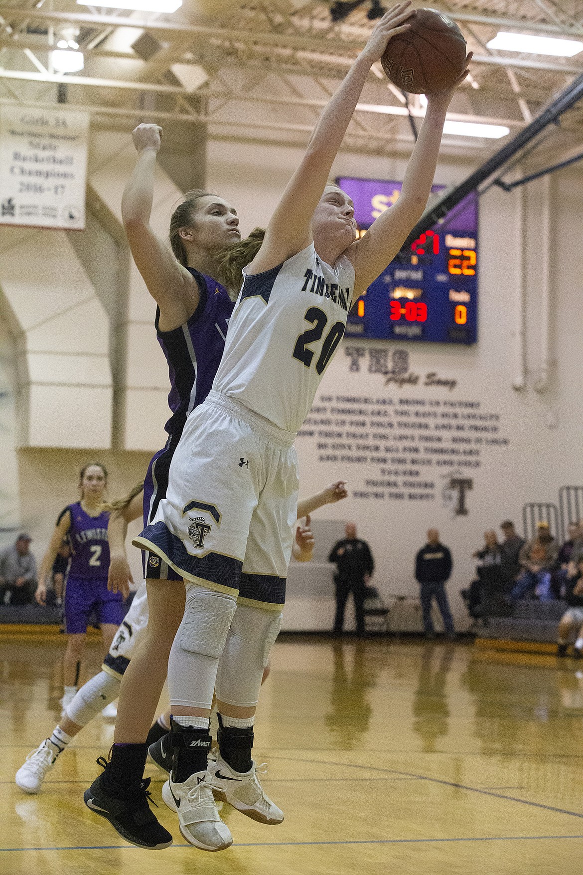 Timberlake&#146;s Brooke Jessen gathers a rebound in a game against Lewiston last Tuesday at Timberlake High School.