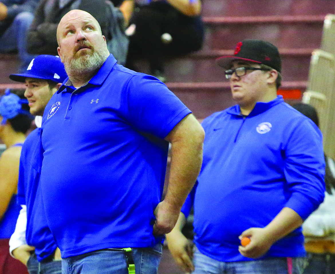 Connor Vanderweyst/Columbia Basin Herald
Warden head coach Brent Cox glances at the scoreboard during the Moses Lake Jamboree.