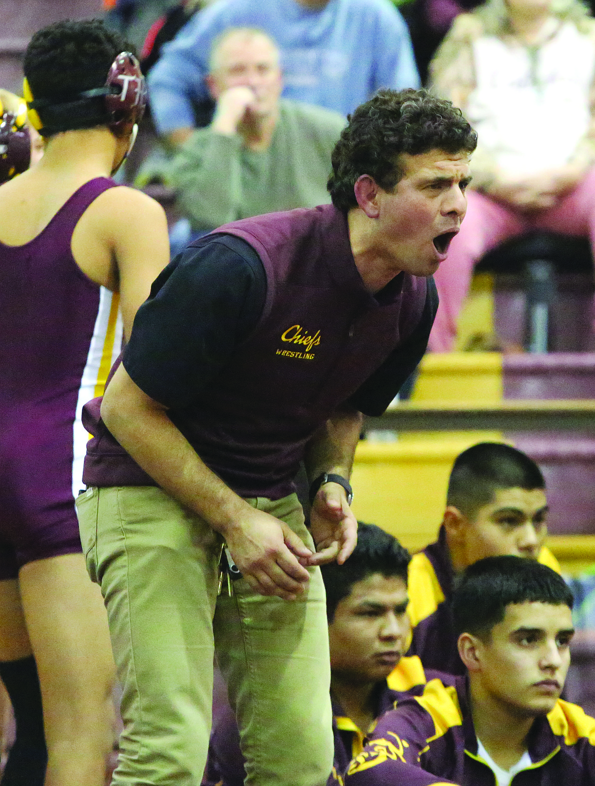 Connor Vanderweyst/Columbia Basin Herald
Moses Lake head coach Jaime Garza shouts instructions during the jamboree.