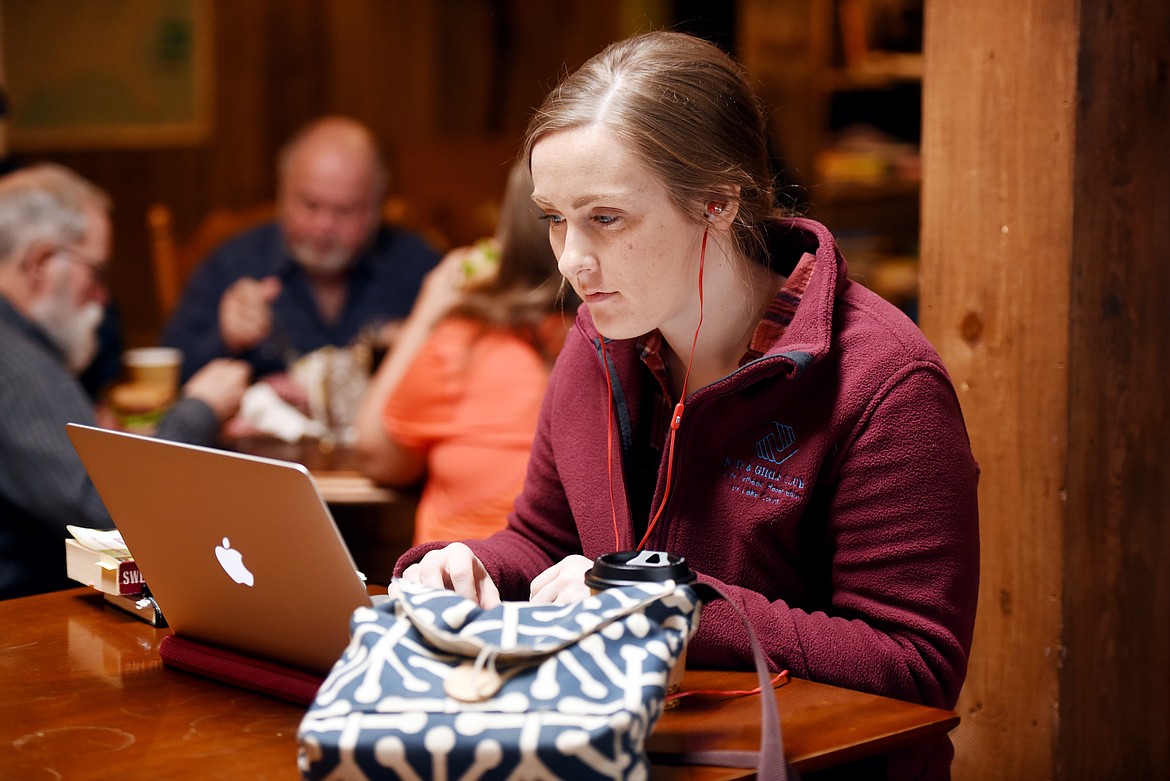 Marilee Schaner of Ronan uses her laptop to prep for interviews on Tuesday, November 13, at the Dobson Creek Coffee Company in Ronan. Schaner is in the process of applying for medical school.(Brenda Ahearn/Daily Inter Lake)