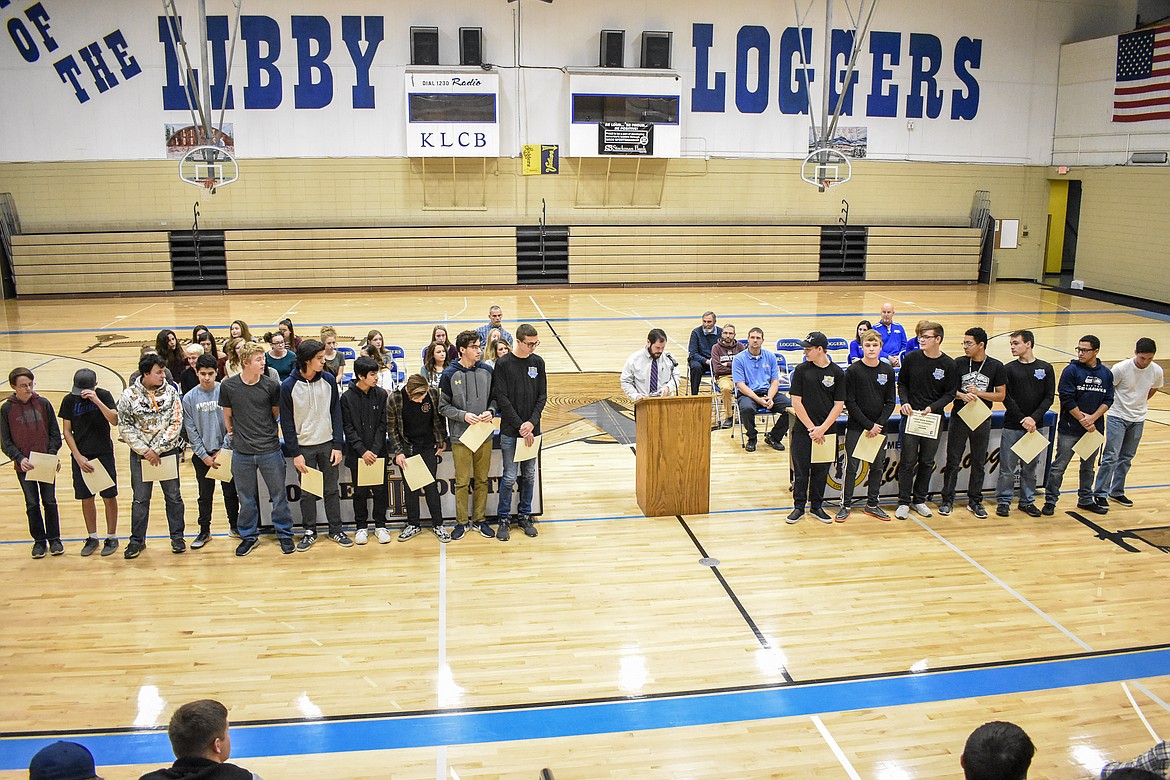 Libby High School boys soccer Head Coach Jeff Zwang spoke about the challenges the team faced during the season, and his enjoyment working with them during his first season as their new coach during the Fall Awards Assembly Thursday. (Ben Kibbey/The Western News)