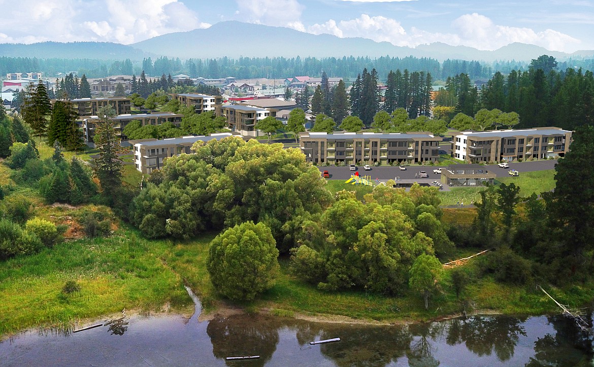 A rendering shows the proposed Riverbank Residences along the Whitefish River. (Schematic by Ecco Design)