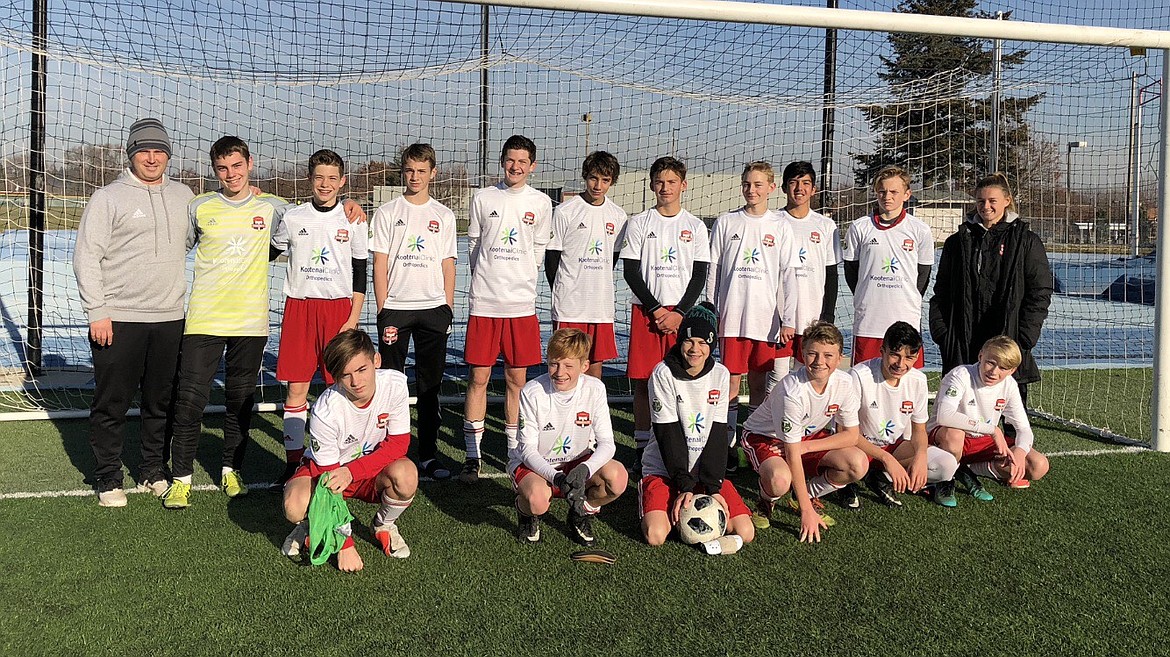 Courtesy photo
The Timbers North FC 05 Red Boys soccer team wrapped up its fall season undefeated in the RCL U14 Division 3 with two more wins and a tie in the past week. Last Wednesday, they played under the lights at Real Life in Post Falls and won 7-1 against the Spokane Sounders. They won 9-0 on Saturday vs. Washington Rush, a game played under the lights at Real Life in Post Falls. Both Bryce Allred and Cooper Prohaska scored hat tricks, and Nate Wyatt, Landon Lee and Isaac Fritts each scored once. Miles Taylor posted the shutout in goal. On Sunday, the Timbers played at Spokane Falls Community College against FWFC. Down 2-0 at half, the Timbers battled back for a 2-all tie on goals by Bryce Allred and Isaac Fritts, off corner kicks by Landon Lee and Caden Thompson. In the front row from left are Jayce Simmet, Caden Thompson, Landon Lee, Nate Wyatt, Drew Hansen and Blaine Leonard; and back row from left, head coach Mike Thompson, Miles Taylor, Jacob Ukich, Gunner Larson, Ashton Ukich, Luke Orozco, Cooper Prohaska, Isaac Fritts, Sebastian Baker, Bryce Allred and assistant coach Chloe Teets. Not pictured are Chet Hanna and Christopher Mongan.