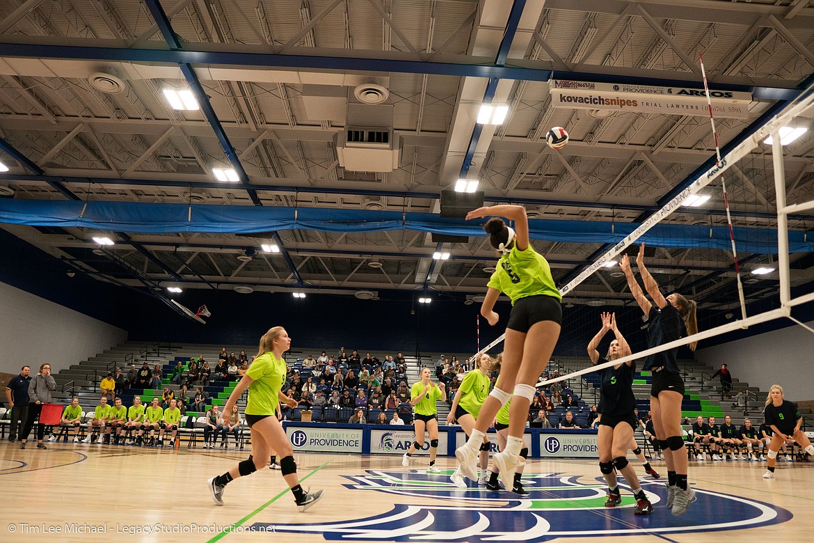 Libby High School senior Mehki Sykes represented Western Montana as one of 12 facing the volleyball team from the East in the Montana High School All-Star match on Nov. 18. The West won in three during the game played at University of Providence in Great Falls. (Photo courtesy Tim Lee Michael Legacy-StudioProductions.net)