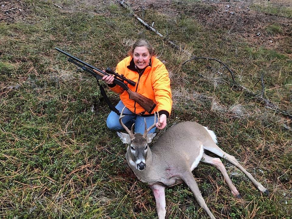 Becky McGuffey from Superior poses with a buck she got hunting this year. It was her second one, and she shot it near Superior. She started hunting in 2014. (Photo courtesy of Becky McGuffey).