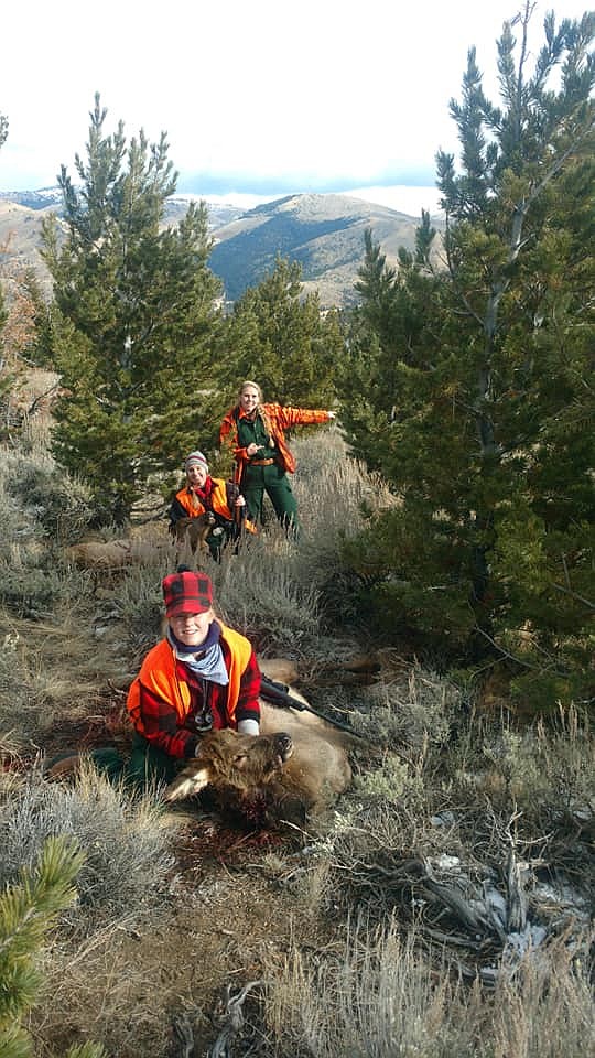 Hill sisters from St Regis, Macy (front) who is 13, Madison (19) and Emma (far back, 17) had a successful hunt this year near Dillon. Macy and Emma shot their first elk, and Emma also got an antelope. (Photo courtesy of Tina Hill).