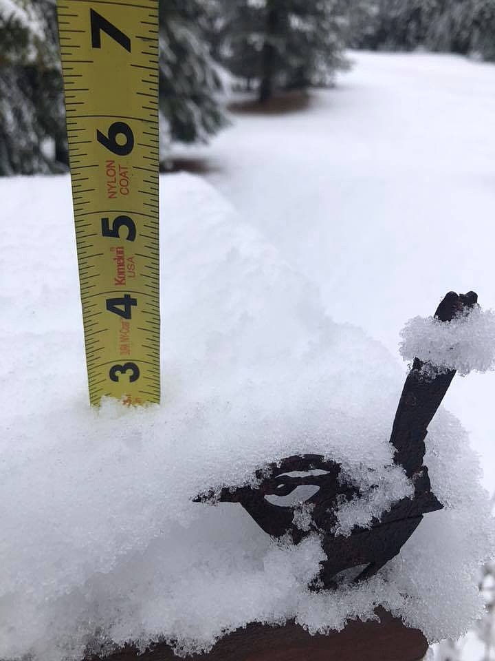 Pam Ramsey Reed posted this photo on the National Weather Bureau&#146;s Facebook Page showing the snowfall in Alberton after Friday evening&#146;s storm, where up to a foot of snow fell in some areas. (Photo courtesy of Pam Ramsey Reed)