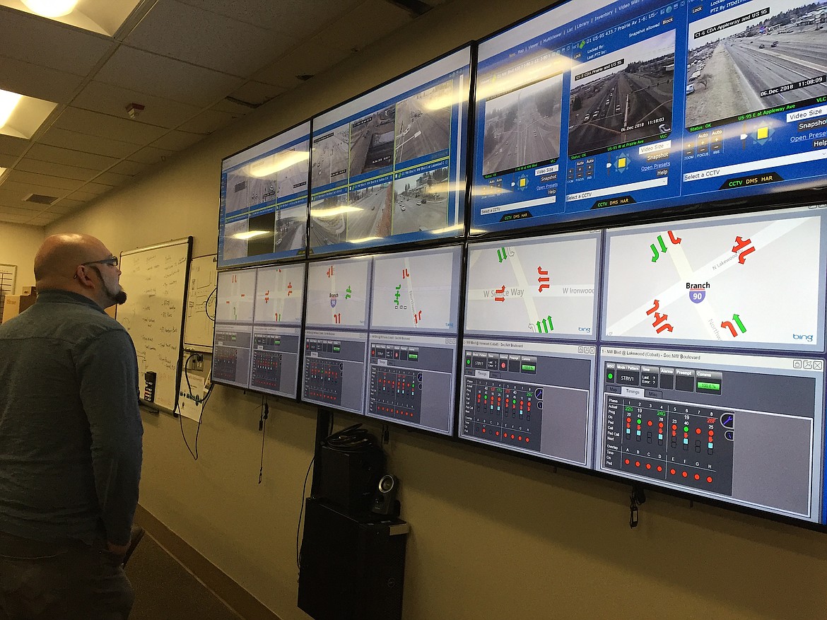 Photo courtesy of the Idaho Transportation Department
Bill Custer, of the Idaho Transportation Department&#146;s District 1 Traffic Section, checks out live feeds of intersections on Thursday at ITD&#146;s regional headquarters on Prairie Avenue in Coeur d&#146;Alene.