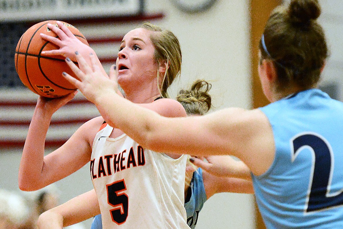 Flathead's Maddie Walter (5) looks to shoot in the first half against Great Falls at Flathead High School on Friday. (Casey Kreider/Daily Inter Lake)