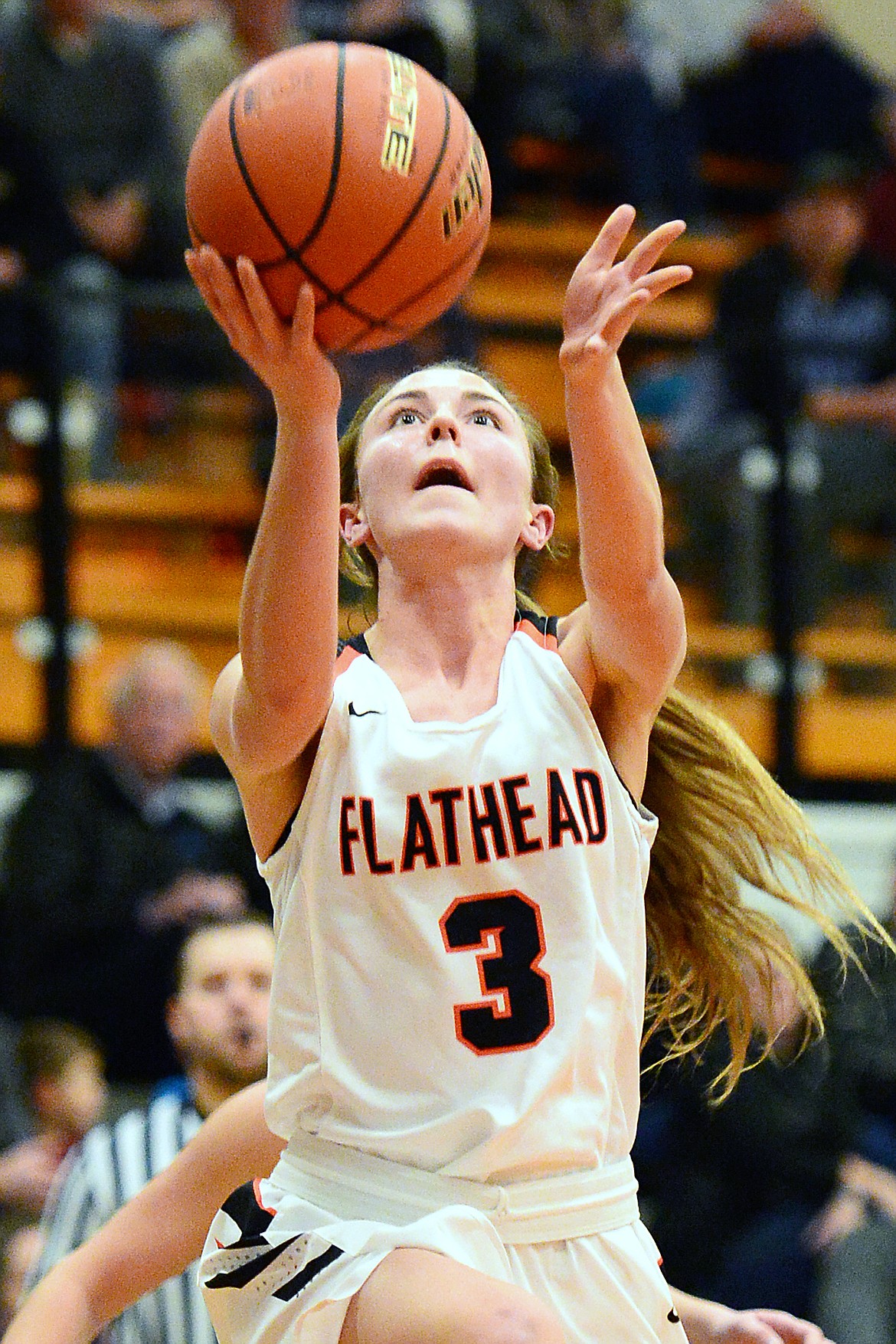 Flathead's Sadie Wilson (3) drives to the hoop for a layup in the first half against Great Falls at Flathead High School on Friday. (Casey Kreider/Daily Inter Lake)