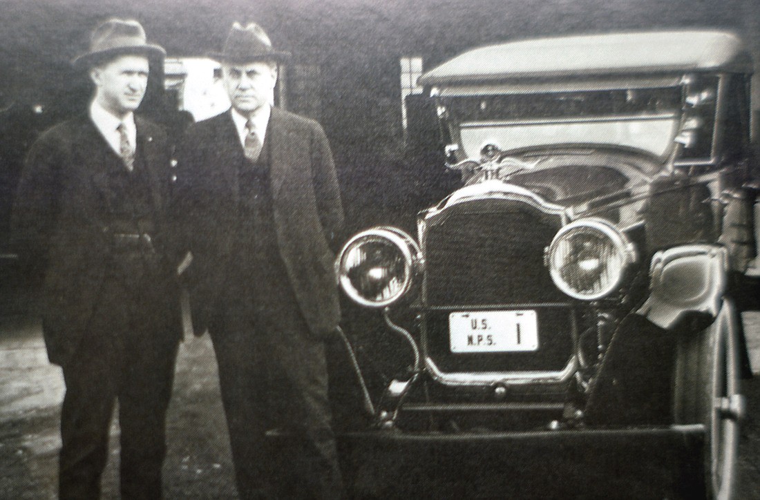 YELLOWSTONE PARK COLLECTION
The National Park Service Director Stephen T. Mather and his successor Horace M. Albright, with car license plate No. US NPS 1 (1924).