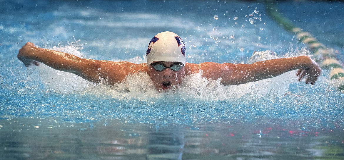 Peyton Malmberg swims the 200 IM at the Kalispell Invite Saturday. (Jeremy Weber photo)