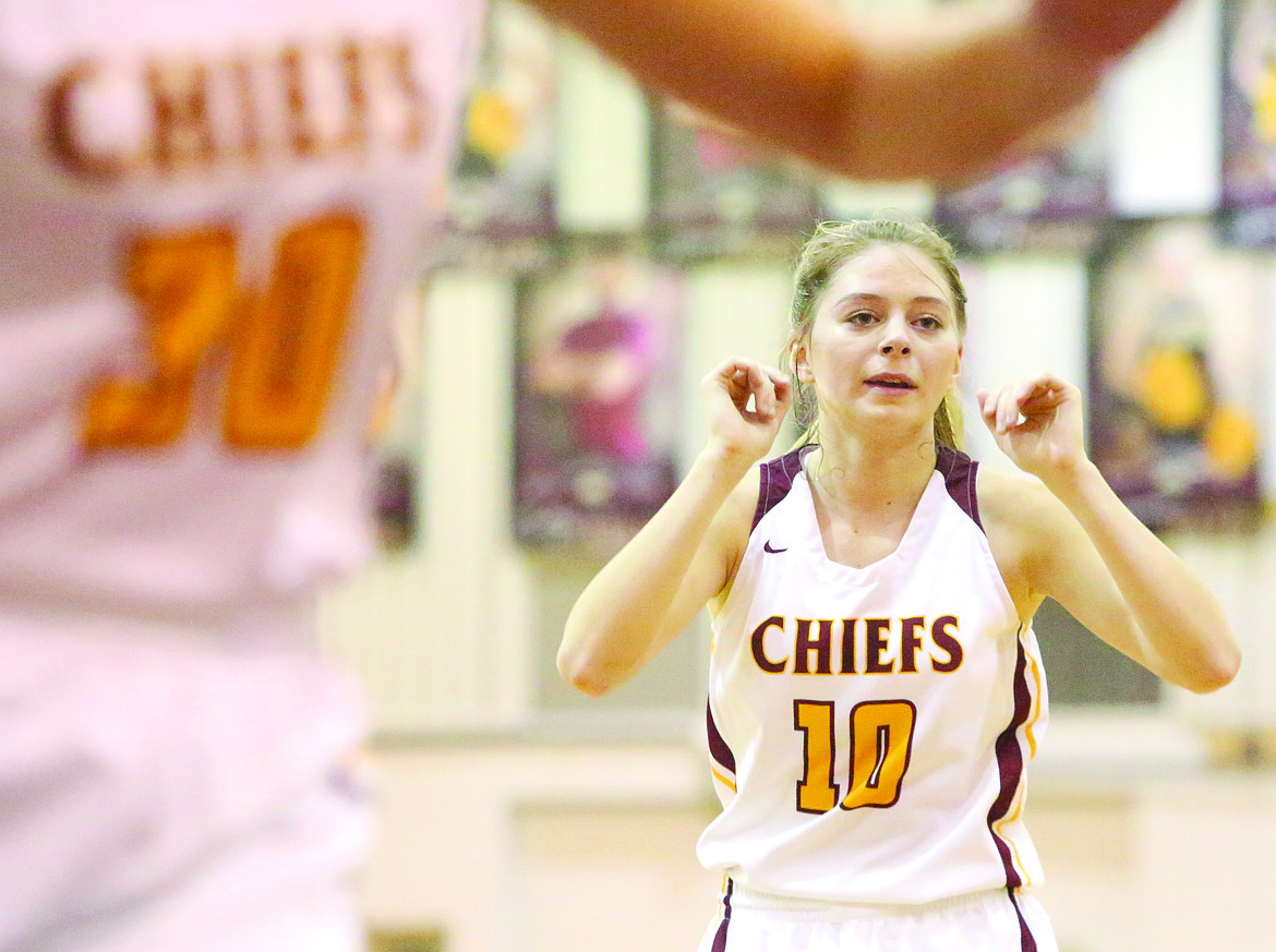 Connor Vanderweyst/Columbia Basin Herald
With starters in foul trouble, Moses Lake sophomore Anna Olson came off the bench to score 12 points against King's.