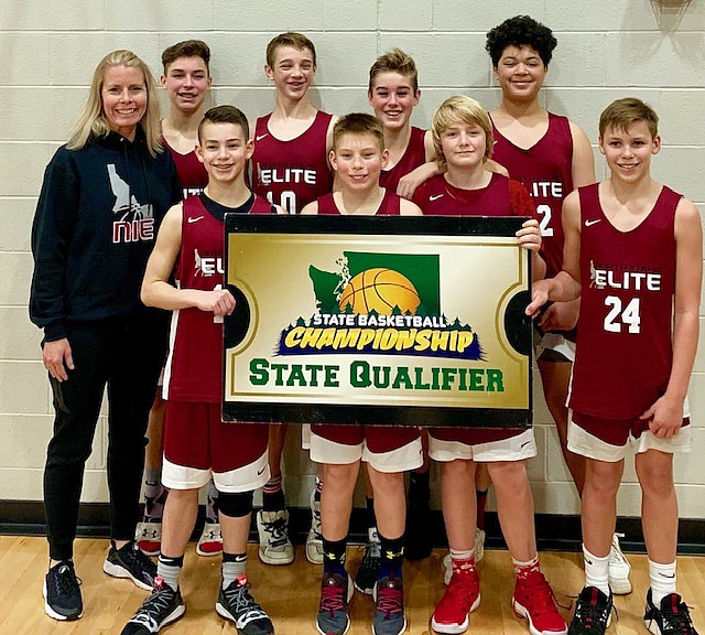 Courtesy photo
The North Idaho Elite seventh-grade boys basketball team competed in the Spokane AAU Santa Slammer tournament last weekend. They went 3-0 and were tops in their division, before falling to the Spokane Snipers in the semifinals. They earned a berth to the Washington State Basketball Championships in March. In the front row from left are Gavin Trost, Caden Symons, Trey Nipp and Gavin Orchard; and back row from left, coach Nicole Symons, Joseph Hagel, Gunner Larsen, Max Entzi and DJ Brown.